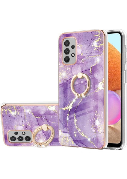 Samsung Galaxy A32 4g Için Mermer Desen Yumuşak Tpu Tampon Halka Tutucu Stand Kılıf Kapağı Mor (Yurt Dışından)