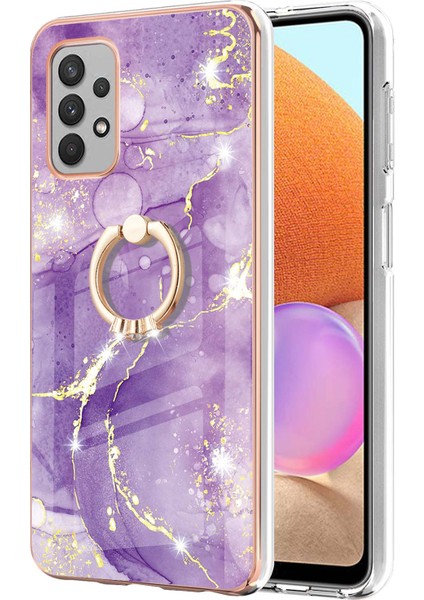 Samsung Galaxy A32 4g Için Mermer Desen Yumuşak Tpu Tampon Halka Tutucu Stand Kılıf Kapağı Mor (Yurt Dışından)