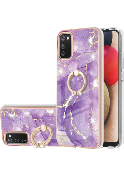 Samsung Galaxy A02S Için Mermer Desen Yumuşak Tpu Tampon Halka Tutucu Stand Kılıf Kapağı Mor (Yurt Dışından)