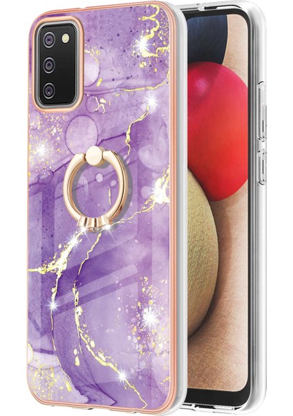 Samsung Galaxy A02S Için Mermer Desen Yumuşak Tpu Tampon Halka Tutucu Stand Kılıf Kapağı Mor (Yurt Dışından)