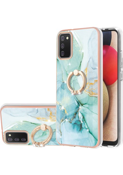 Samsung Galaxy A02S Için Mermer Desen Yumuşak Tpu Tampon Halka Tutucu Stand Kılıf Kapağı Turkuaz (Yurt Dışından)