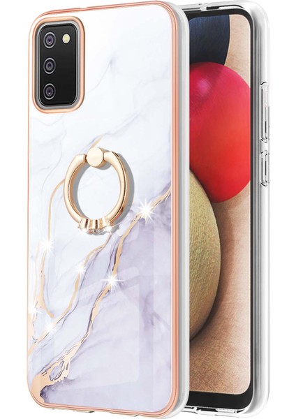 Samsung Galaxy A02S Için Mermer Desen Yumuşak Tpu Tampon Halka Tutucu Stand Kılıf Kapağı Beyaz (Yurt Dışından)