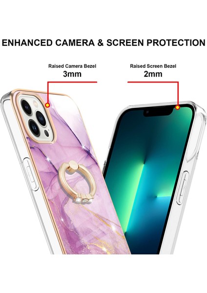 iPhone 13 Pro Max Için Mermer Desen Yumuşak Tpu Tampon Halka Tutucu Stand Kılıf Kapağı Pembe (Yurt Dışından)