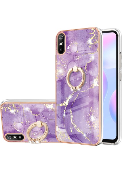 Xiaomi Redmi 9A Için Mermer Desen Yumuşak Tpu Tampon Halka Tutucu Stand Kılıf Kapağı Mor (Yurt Dışından)