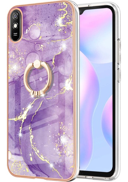 Xiaomi Redmi 9A Için Mermer Desen Yumuşak Tpu Tampon Halka Tutucu Stand Kılıf Kapağı Mor (Yurt Dışından)