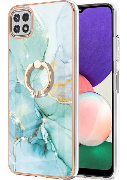 Samsung Galaxy A22 5g Için Mermer Desen Yumuşak Tpu Tampon Halka Tutucu Stand Kılıf Kapağı Turkuaz (Yurt Dışından)