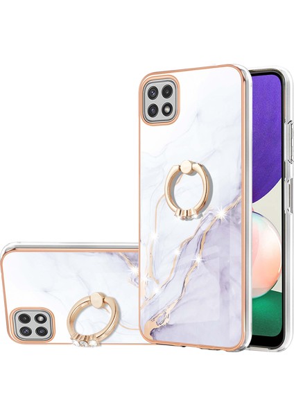 Samsung Galaxy A22 5g Için Mermer Desen Yumuşak Tpu Tampon Halka Tutucu Stand Kılıf Kapağı Beyaz (Yurt Dışından)