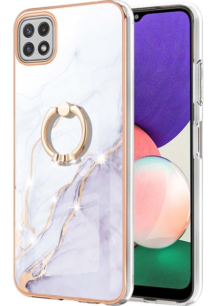 Samsung Galaxy A22 5g Için Mermer Desen Yumuşak Tpu Tampon Halka Tutucu Stand Kılıf Kapağı Beyaz (Yurt Dışından)
