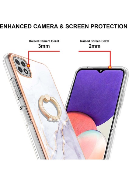 Samsung Galaxy A22 5g Için Mermer Desen Yumuşak Tpu Tampon Halka Tutucu Stand Kılıf Kapağı Beyaz (Yurt Dışından)