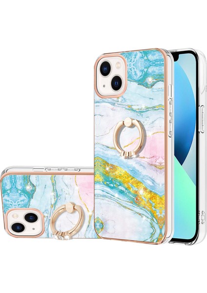 iPhone 13 Için Mermer Desen Yumuşak Tpu Tampon Halka Tutucu Stand Kılıf Kapağı Turkuaz - Beyaz (Yurt Dışından)