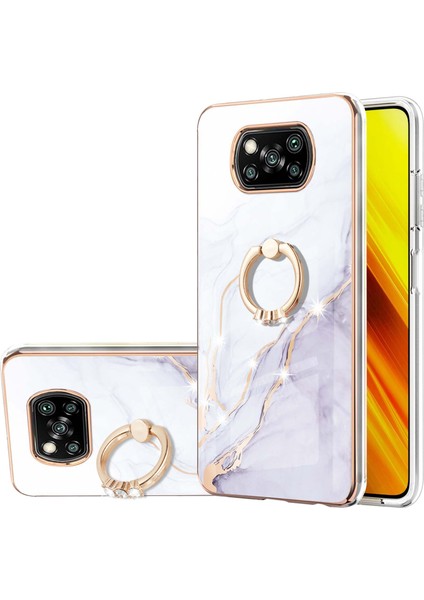 Xiaomi Poco X3 Için Mermer Desen Yumuşak Tpu Tampon Halka Tutucu Stand Kılıf Kapağı Beyaz (Yurt Dışından)