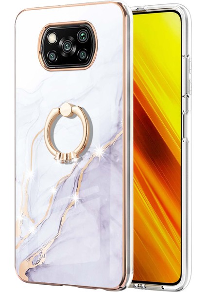 Xiaomi Poco X3 Için Mermer Desen Yumuşak Tpu Tampon Halka Tutucu Stand Kılıf Kapağı Beyaz (Yurt Dışından)