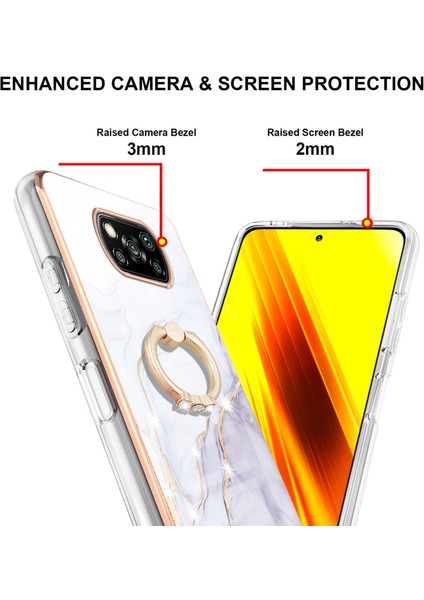 Xiaomi Poco X3 Için Mermer Desen Yumuşak Tpu Tampon Halka Tutucu Stand Kılıf Kapağı Beyaz (Yurt Dışından)