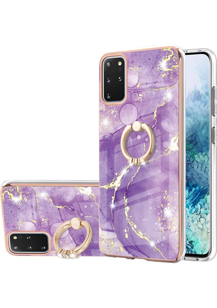 Samsung Galaxy S20+ Plus Için Mermer Desen Yumuşak Tpu Tampon Halka Tutucu Stand Kılıf Kapağı Mor (Yurt Dışından)