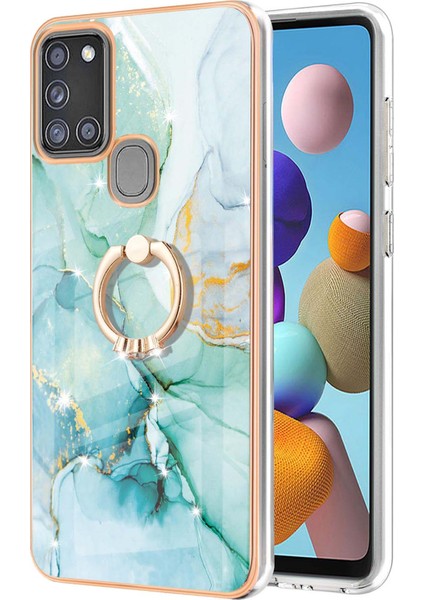 Samsung Galaxy A21S Için Mermer Desen Yumuşak Tpu Tampon Halka Tutucu Stand Kılıf Kapağı Turkuaz (Yurt Dışından)