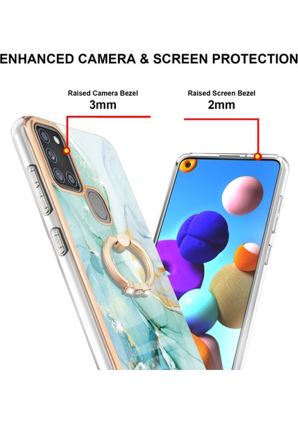 Samsung Galaxy A21S Için Mermer Desen Yumuşak Tpu Tampon Halka Tutucu Stand Kılıf Kapağı Turkuaz (Yurt Dışından)