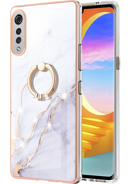 Lg Velvet 5g Için Mermer Desen Yumuşak Tpu Tampon Halka Tutucu Stand Kılıf Kapağı Beyaz (Yurt Dışından)