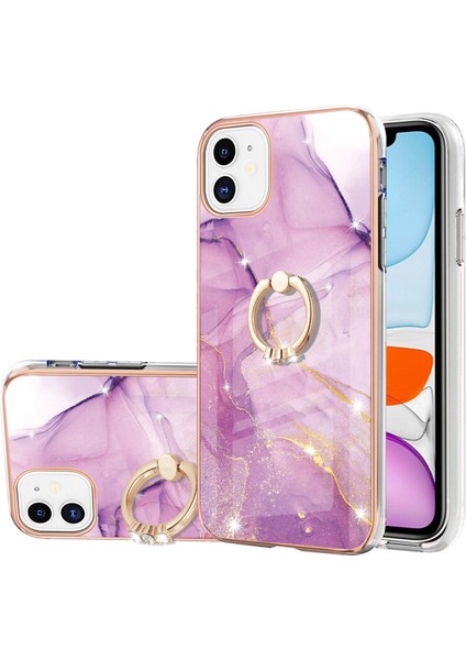 iPhone 11 Için Mermer Desen Yumuşak Tpu Tampon Halka Tutucu Stand Kılıf Kapağı Pembe (Yurt Dışından)