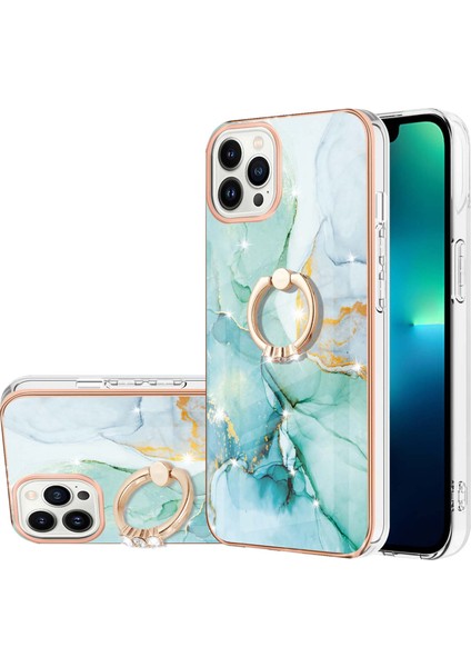 iPhone 13 Pro Için Mermer Desen Yumuşak Tpu Tampon Halka Tutucu Stand Kılıf Kapağı Turkuaz (Yurt Dışından)