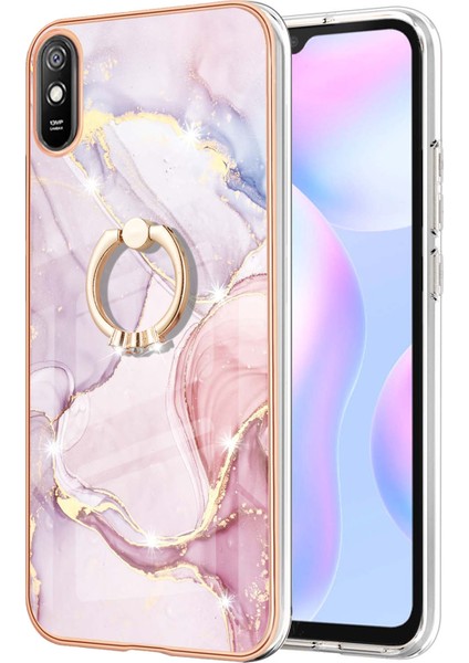 Xiaomi Redmi 9A Için Mermer Desen Yumuşak Tpu Tampon Halka Tutucu Stand Kılıf Kapağı Rose Gold (Yurt Dışından)