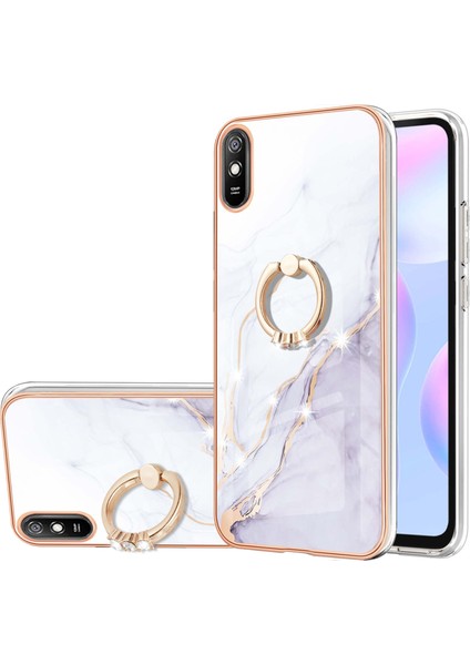 Xiaomi Redmi 9A Için Mermer Desen Yumuşak Tpu Tampon Halka Tutucu Stand Kılıf Kapağı Beyaz (Yurt Dışından)