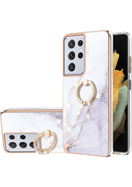 Samsung Galaxy S21 Ultra 5g Için Mermer Desen Yumuşak Tpu Tampon Halka Tutucu Stand Kılıf Kapağı Beyaz (Yurt Dışından)