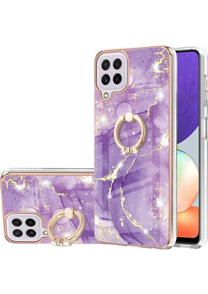 Samsung Galaxy A22 4g Için Mermer Desen Yumuşak Tpu Tampon Halka Tutucu Stand Kılıf Kapağı Mor (Yurt Dışından)