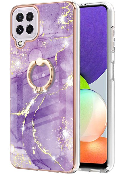 Samsung Galaxy A22 4g Için Mermer Desen Yumuşak Tpu Tampon Halka Tutucu Stand Kılıf Kapağı Mor (Yurt Dışından)
