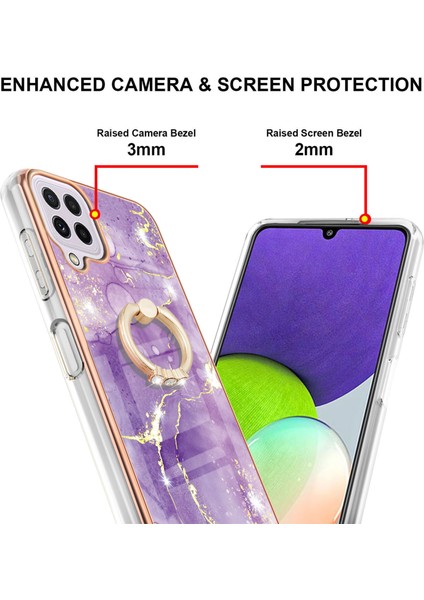 Samsung Galaxy A22 4g Için Mermer Desen Yumuşak Tpu Tampon Halka Tutucu Stand Kılıf Kapağı Mor (Yurt Dışından)