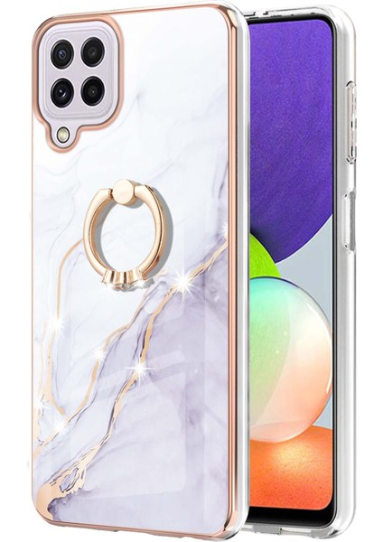 Samsung Galaxy A22 4g Için Mermer Desen Yumuşak Tpu Tampon Halka Tutucu Stand Kılıf Kapağı Beyaz (Yurt Dışından)