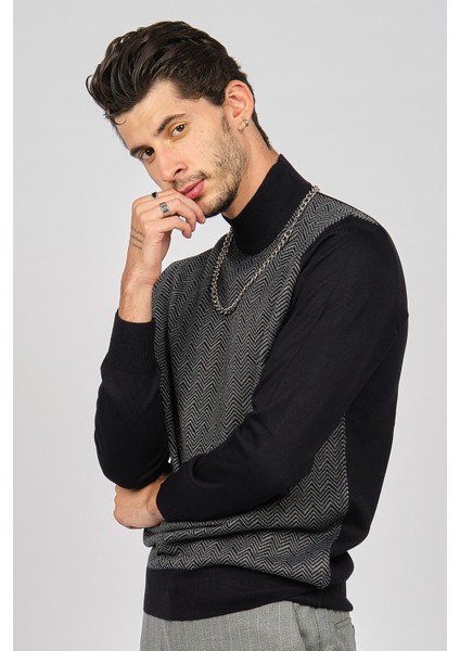 Erkek Desenli Yün Kazak 4536130 Lacivert