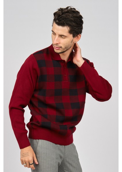 Erkek Kare Desenli Yünlü Kazak 4539134 Bordo