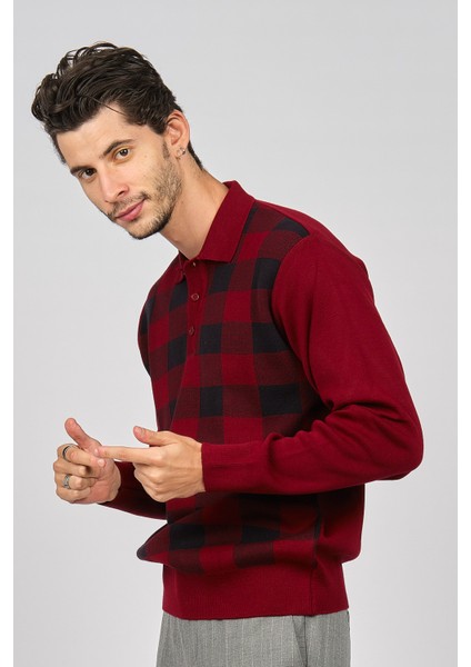 Erkek Kare Desenli Yünlü Kazak 4539134 Bordo modelleri