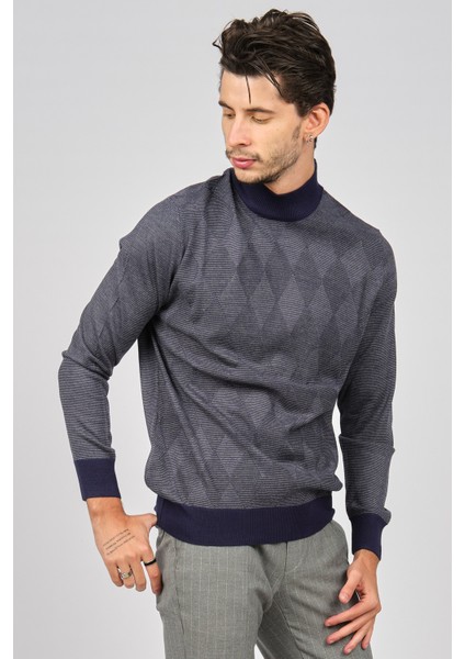 Erkek Baklava Desenli Yün Kazak 4537170 Lacivert