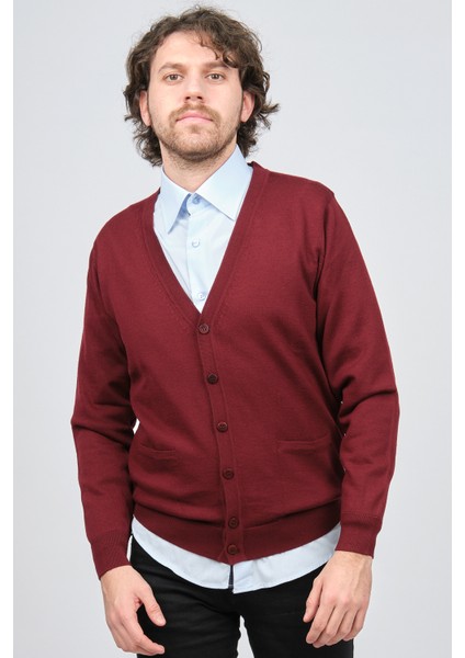 Erkek Düğmeli Saf Yün Hırka 0249505 Bordo fırsatları
