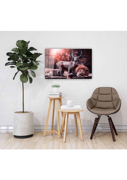 Dekorcumshop Aslan ve Geyik Cam Tablo 4mm Dayanıklı Temperli Cam