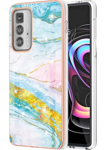 Motorola Edge 20 Pro Için Mermer Desen Yumuşak Tpu Tampon Kılıf Kapak Turkuaz - Beyaz (Yurt Dışından)