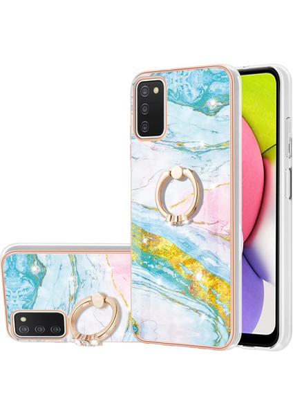 Samsung Galaxy A03S Için Mermer Desen Yumuşak Tpu Tampon Halka Tutucu Stand Kılıf Kapağı Turkuaz - Beyaz (Yurt Dışından)