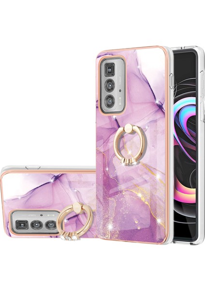 Motorola Edge 20 Pro Için Mermer Desen Yumuşak Tpu Tampon Halka Tutucu Stand Kılıf Kapağı Pembe (Yurt Dışından)