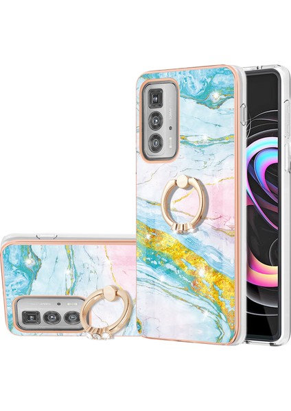 Motorola Edge 20 Pro Için Mermer Desen Yumuşak Tpu Tampon Halka Tutucu Stand Kılıf Kapağı Turkuaz - Beyaz (Yurt Dışından)