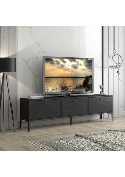 Etna Premium Metal Ayaklı Dolaplı 160 cm Tv Ünitesi - Wood Siyah / Siyah