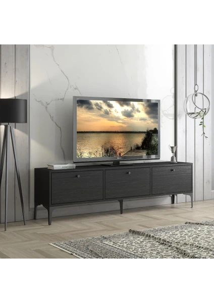 Wood'n Love Etna Premium Metal Ayaklı Dolaplı 160 cm Tv Ünitesi - Wood Siyah / Siyah