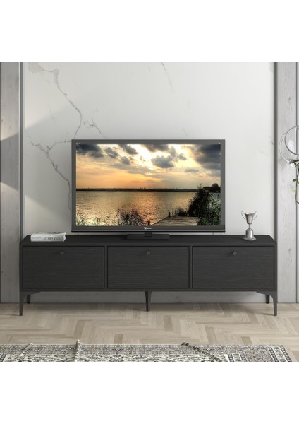 Etna Premium Metal Ayaklı Dolaplı 160 cm Tv Ünitesi - Wood Siyah / Siyah