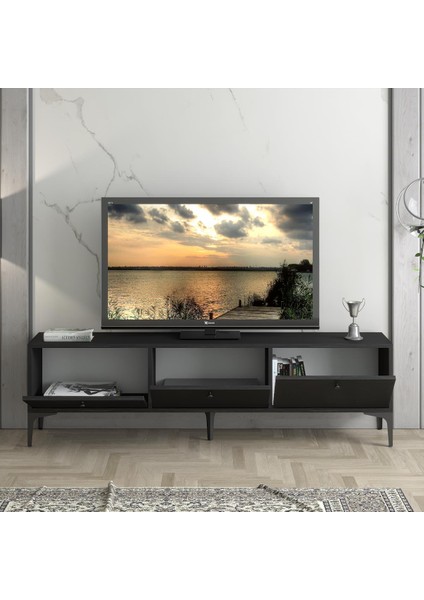 Etna Premium Metal Ayaklı Dolaplı 160 cm Tv Ünitesi - Wood Siyah / Siyah