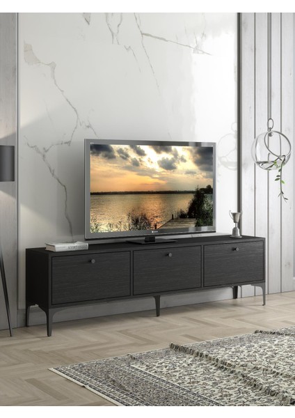 Etna Premium Metal Ayaklı Dolaplı 160 cm Tv Ünitesi - Wood Siyah / Siyah