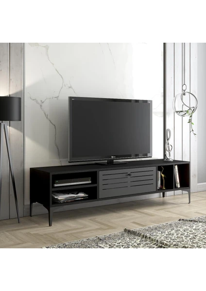 Wood'n Love Era Premium Altıgen Desen Metal Ayaklı Metal Kapaklı Dolaplı Tv Ünitesi - Wood Siyah / Siyah