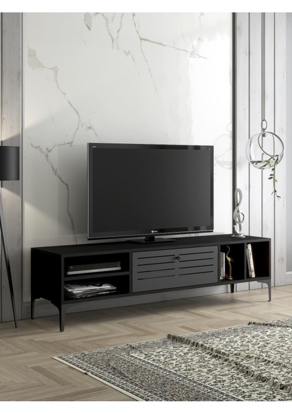 Wood'n Love Era Premium Altıgen Desen Metal Ayaklı Metal Kapaklı Dolaplı Tv Ünitesi - Wood Siyah / Siyah