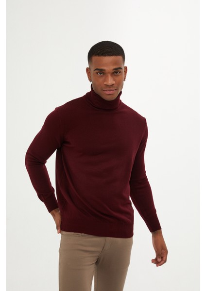 Erkek Bordo Regular Fit Balıkçı Yaka Triko Kazak