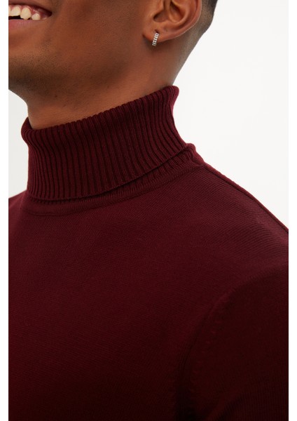 Erkek Bordo Regular Fit Balıkçı Yaka Triko Kazak