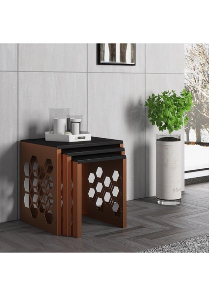 Deniz Altıgen Desen Premium Metal Ferforje Bakır Zigon Sehpa - Wood Siyah / Bakır